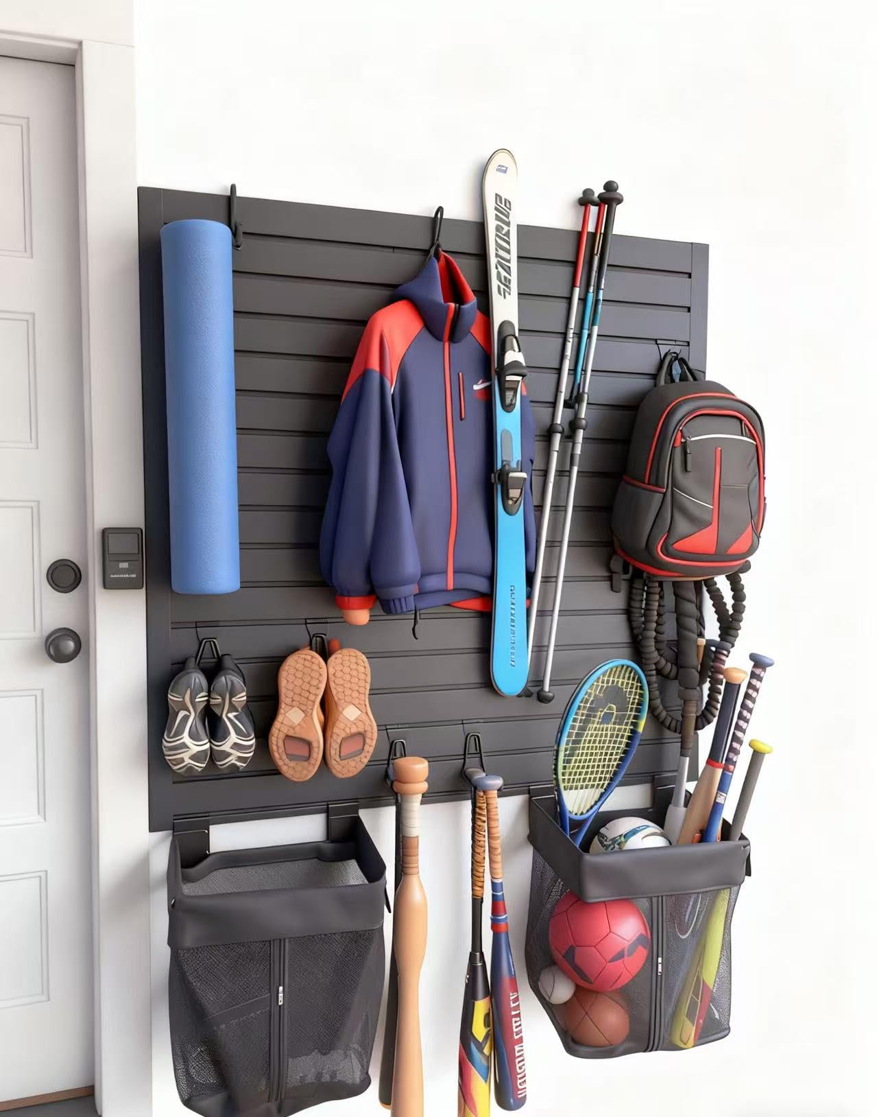 FRAYSCENT Slat Wall Paneling Garage Slat Wall Storage Systems Slatwall Panels Power Tool Organizer Wall Mount, PVC Garage Storage & Organization Products Slate Board (Black, 8ftx4ft with 2H Trim)