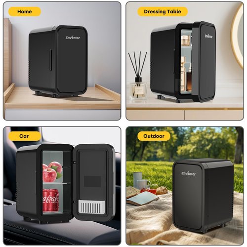 Enventor Mini Refrigerator, 6L/ 8 Can Compact Skincare Fridge AC+DC Power Cooler & Warmer Small Refrigerator for Bedroom, Skincare, Makeup, Cosmetics, Car, Office (Black)