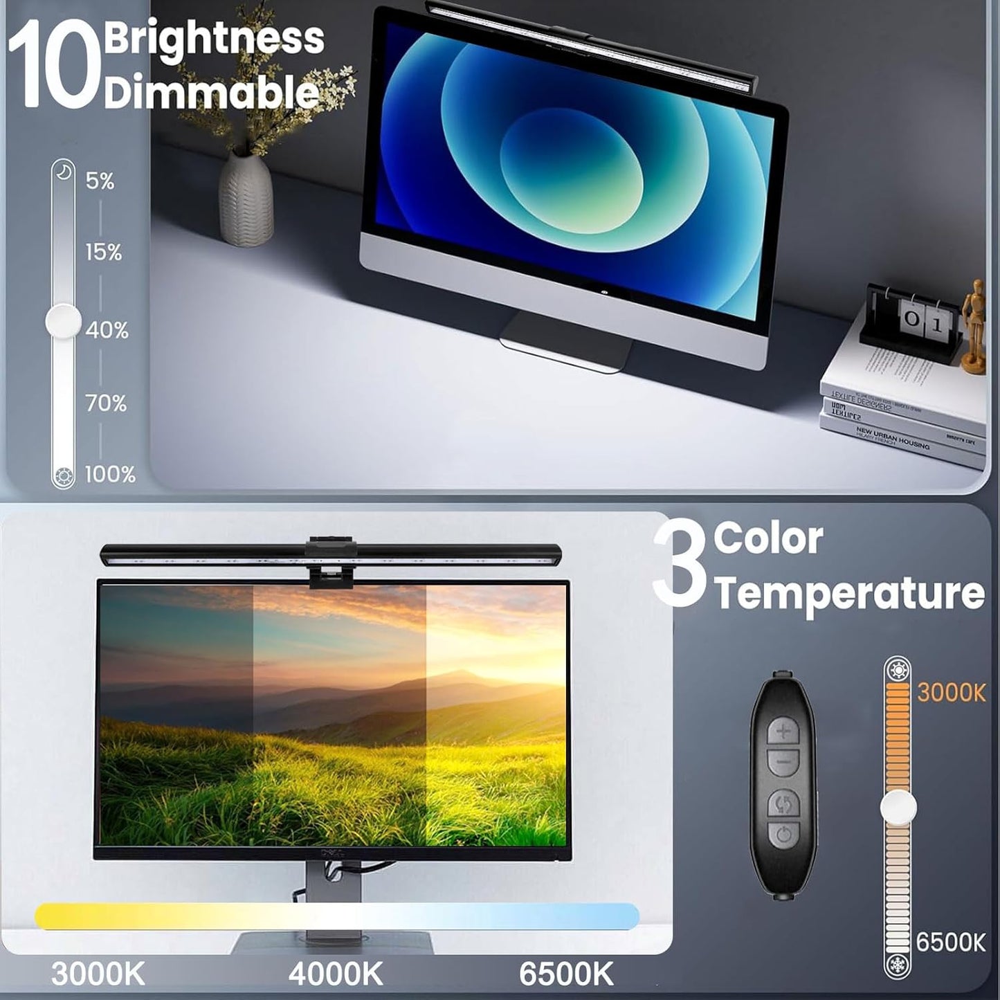 3 Home&Office-40cm Computer Monitor Lamp, Screen Light Bar Eye Caring, Keyboard Lamp with Clamp/Adjustable Brightness