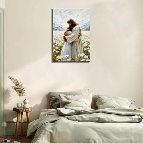 Jesus Hugging Girl Canvas Wall Art - Modern Christian Healing Embrace | 12x16in Wall Decor for Living Room, Bedroom