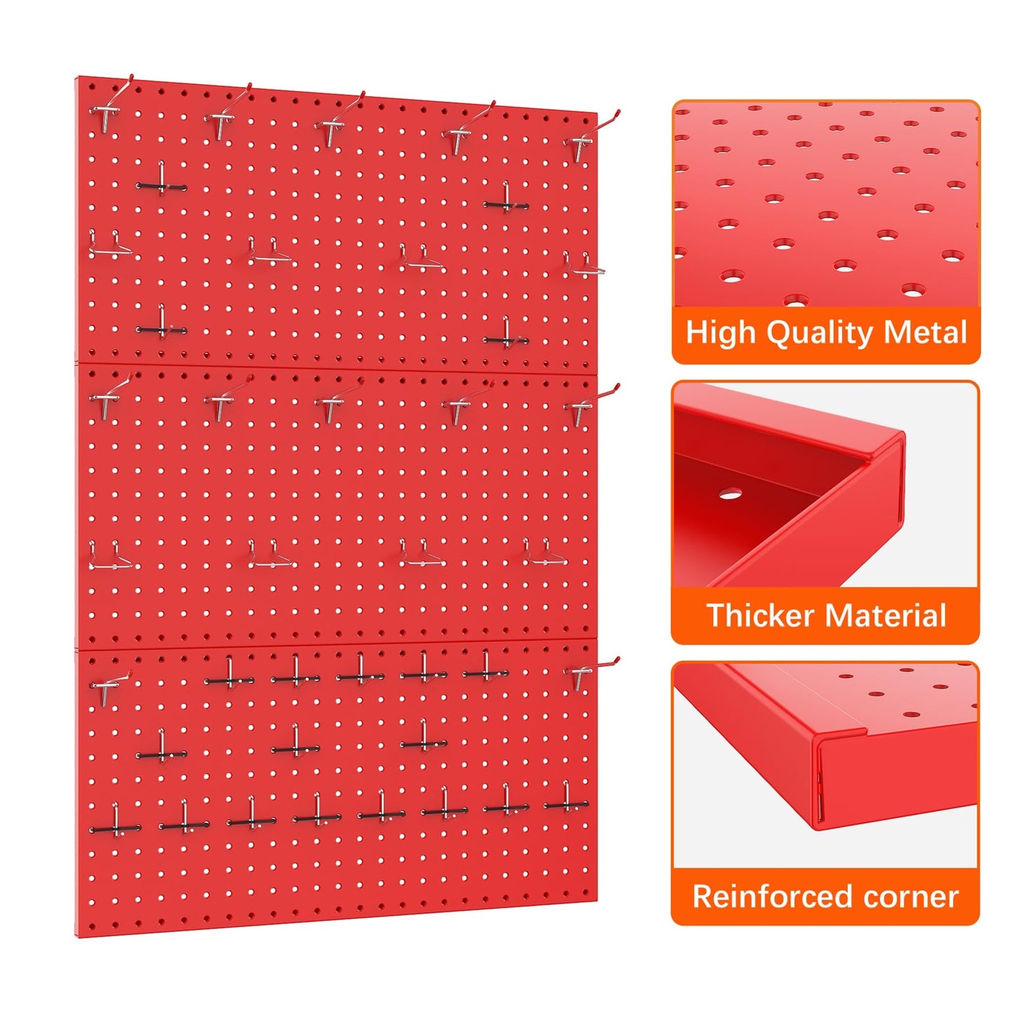 TORACK 3 PCS Metal Pegboard Panels(12x24 inch) for Wall Garage Tools Storage Pegboard System for Workbench, Modular Peg Board Tool Organizer Board Kit(Pack of 3, Red)