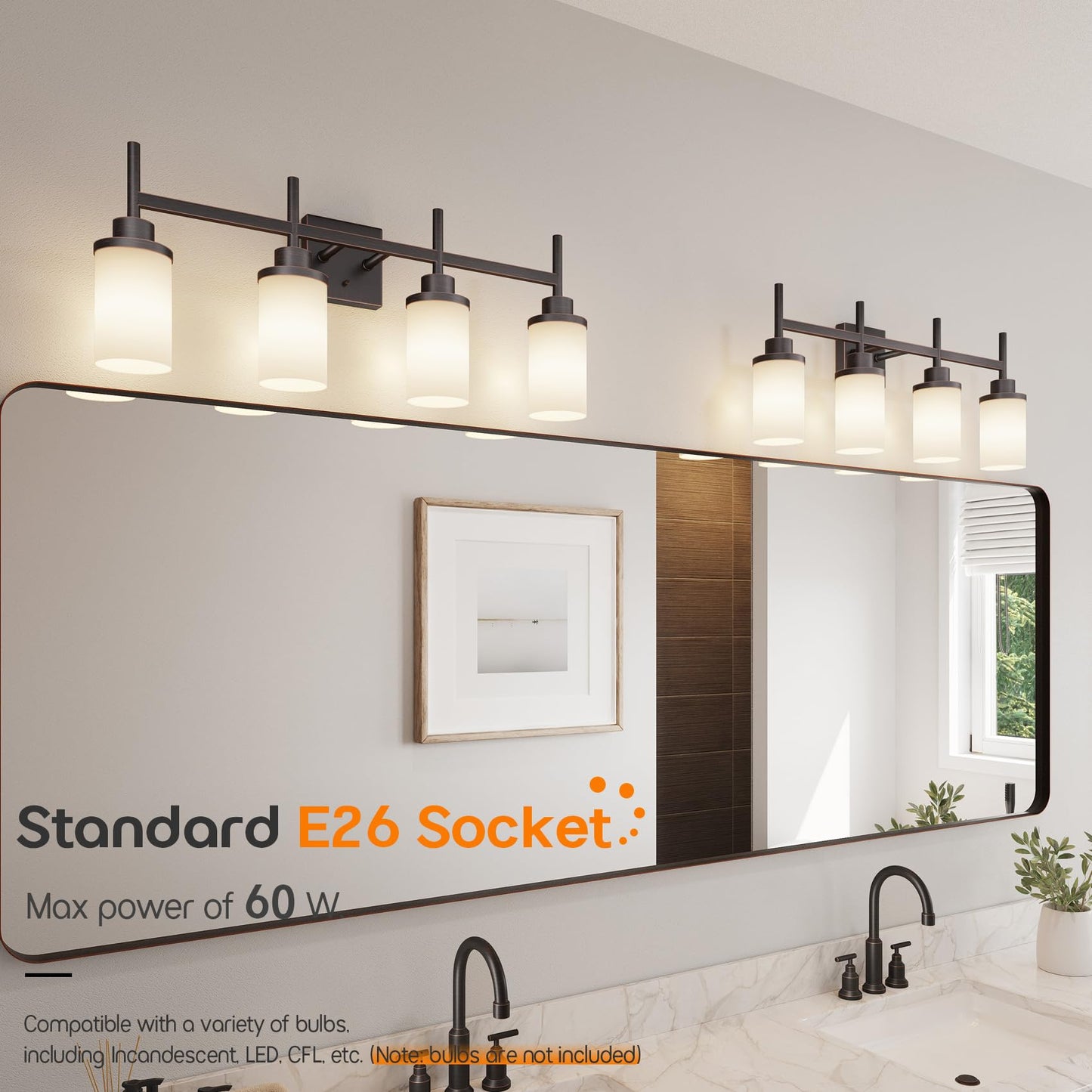 AONEON 4-Light Bathroom Vanity Light Fixtures, Oil-Rubbed Bronze, White Frosted Glass Shade, Model T001ORB-L4