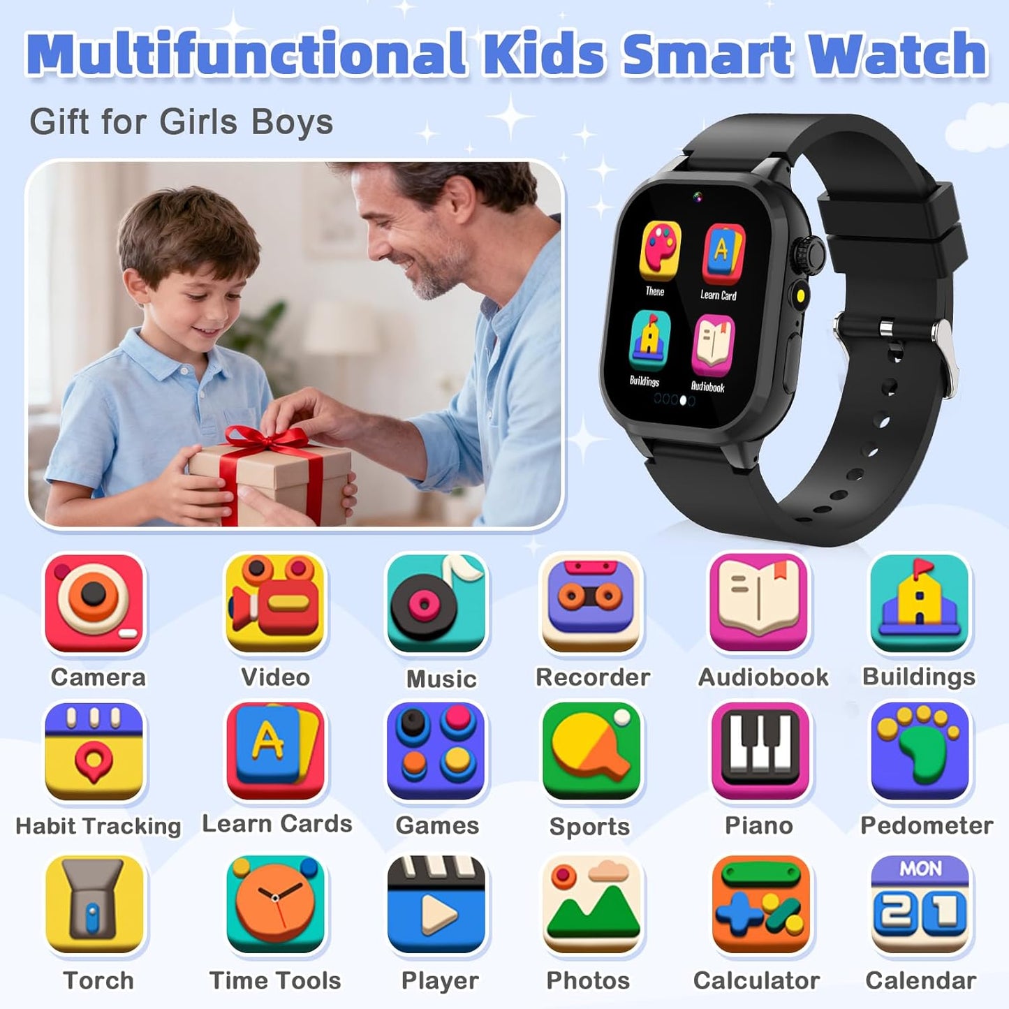 Dolwenqi 40 2 3-12 Smart Watch for Kids, Smart Watch Boys Toys with Games Camera Video Recorder Music Alarm Learn Card