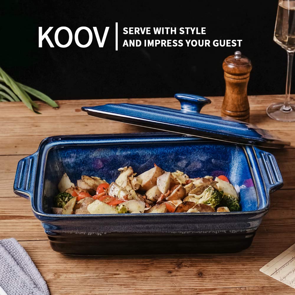 KOOV Ceramic Casserole Dish With Lid, Covered Rectangular Set, Lasagna Pan for Cooking, Baking Dish for Dinner, Kitchen, 9 x 13 Inches, Reactive Glaze (Nebula Blue)