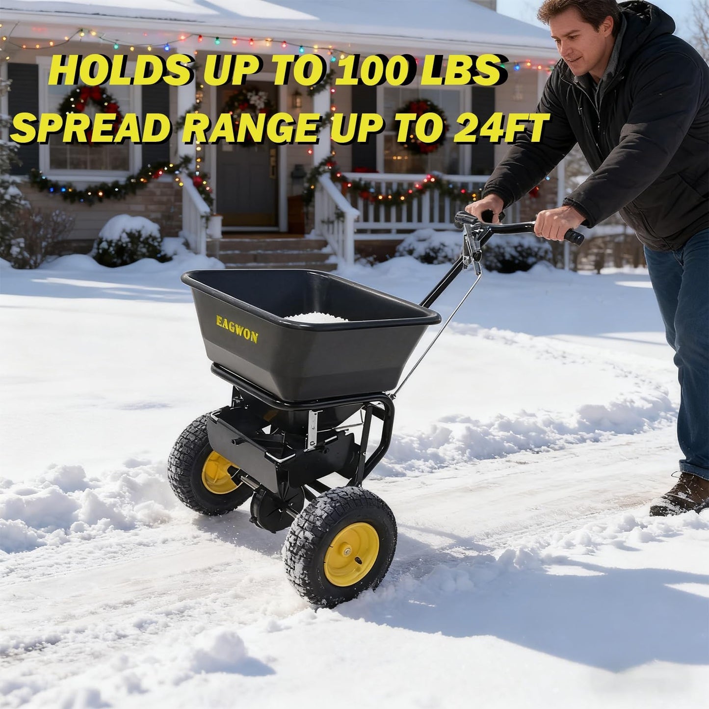 EAGWON Fertilizer Spreader, Walk-Behind Push Broadcast Spreader - All Season, 100lb Capacity, 13in All-Terrain Pneumatic Tires, Grate/Cover/Enclosed Gearbox, for Seed/Fertilizer/Salt/Snow Melt