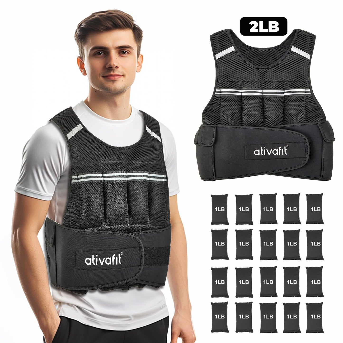 ATIVAFIT Fitness Weighted Vest Adjustable Reflective Vest for Running, Strength Training, Walking & Weightlifting (2‑22 lb)
