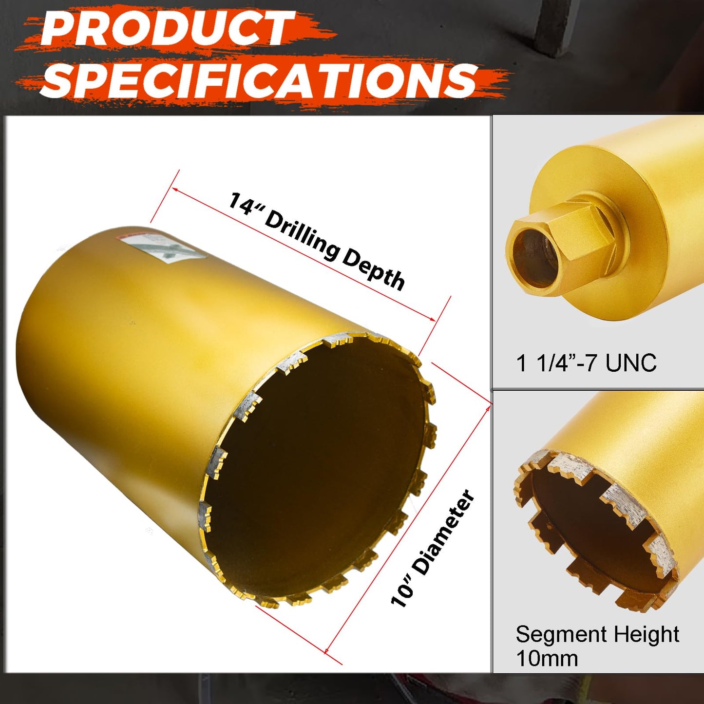 DaduoRi 10 Inch Wet Core Drill Bit & SDS Max Shank Drill Adapter - 10" Diameter Core Bits for Concrete, 14" Drilling Depth, 1-1/4"-7 Thread Diamond Core Bit for Cured Concrete, Masonry, Brick