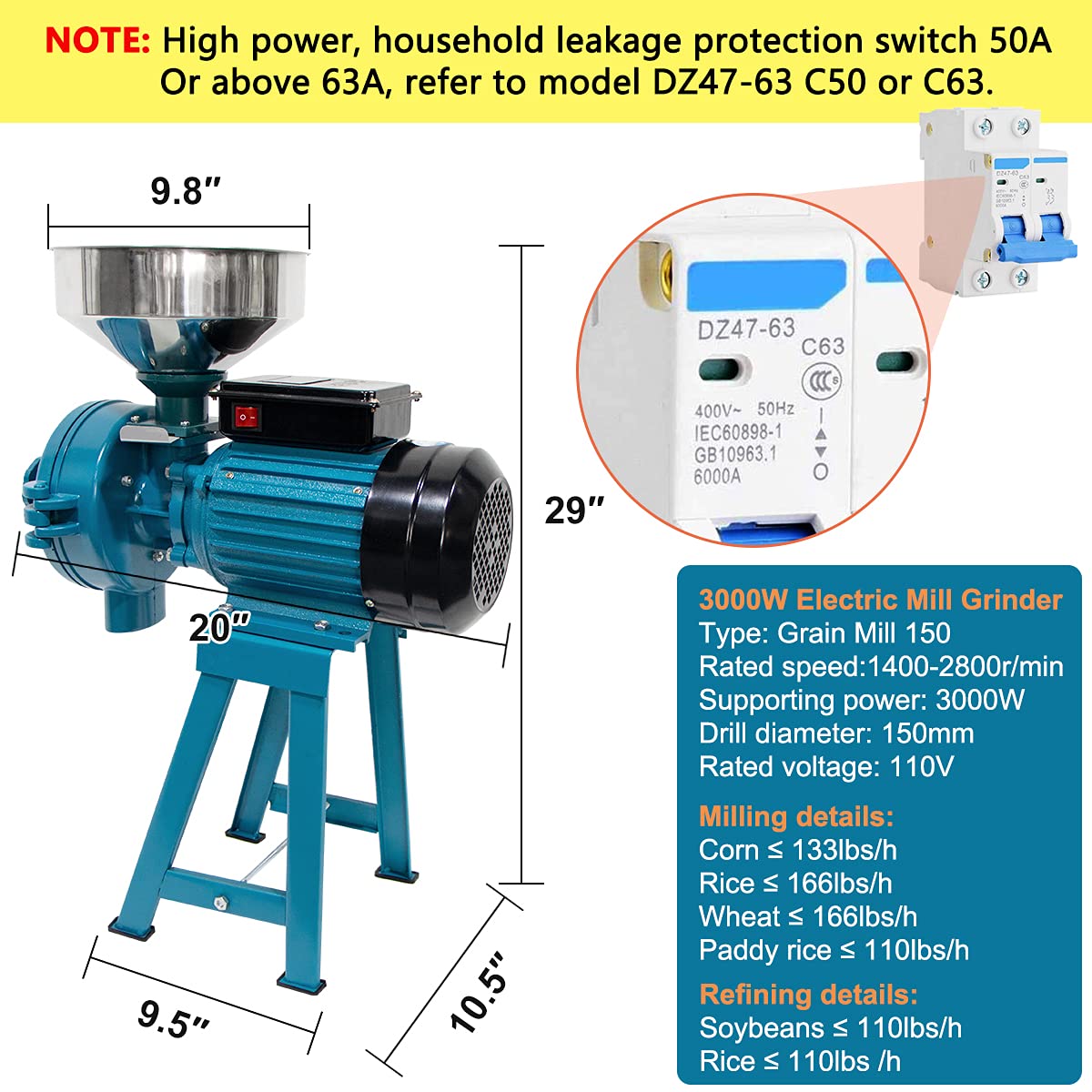 Grain Mills, Upgraded 3000W Wet Dry Cereals Grinder Electric Grain Grinder Corn Mill Heavy Duty 110V Commercial Grain Grinders Machine Rice Corn Grain Coffee Wheat Feed Mills with Funnel