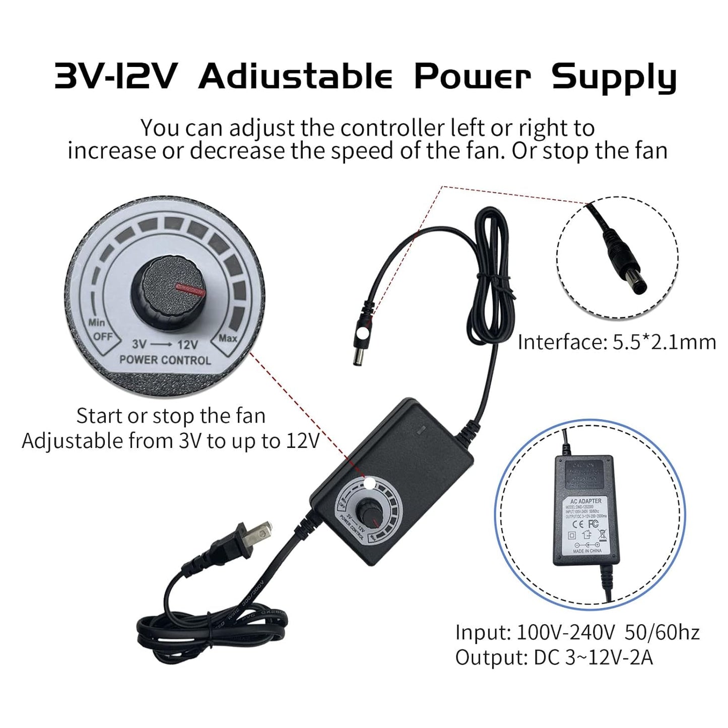 120mm 120V 110V 220V 12V Computer Fan with AC Plug, Variable Speed Axial Muffin PC Fan with Controller Small Case