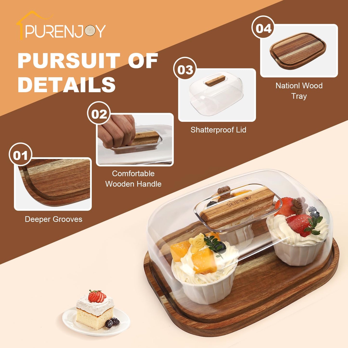 Small Wooden Cake Stand with Lid, Acacia Wood Pastry Display Tray for Cupcake, Cheese, Desserts, Fruits – Elegant Serving Platter with Cover for Parties and Kitchen