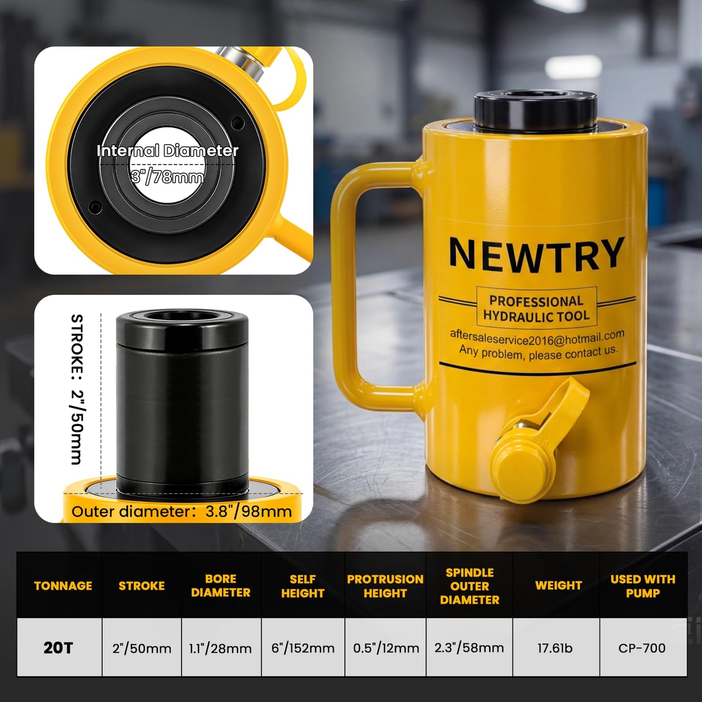 NEWTRY 20 ton Hydraulic Hollow Jack Cylinder 2’’ Stroke Porta Power Ram Industrial Lifting Jack Retract Automatically