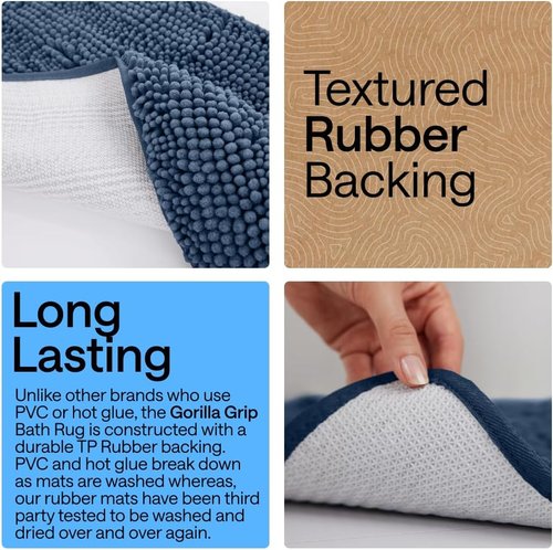 GORILLA GRIP Bath Rug Mat - Soft Absorbent Chenille | Quick-Dry Microfiber, 54x24, Navy Blue