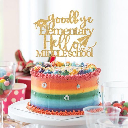 Goodbye Elementary Cake Topper by [Brand Name] - Celebrate 5th Grade Graduation with Gold Glitter Design