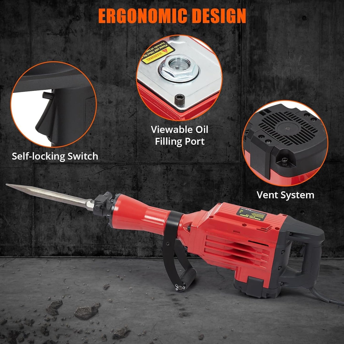 GAOMON 3600W Demolition Electric Jack Hammer with 6pcs Chisels Bit Set, Concrete Breaker Tool Kit Heavy Duty Power Hammer