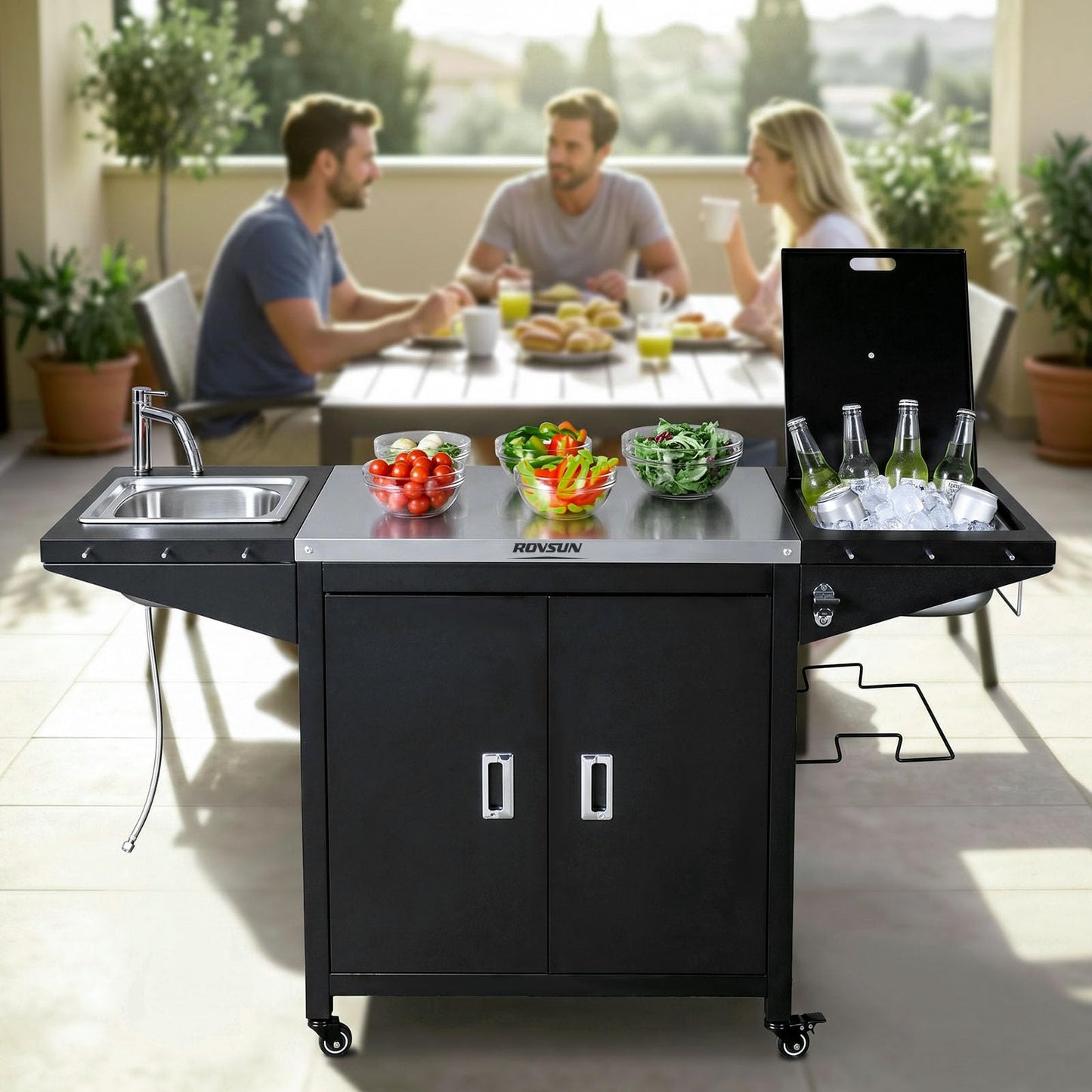 ROVSUN Outdoor Grill Cart with Sink, 304 Stainless Steel Sink with Chilly Bin Cooler, Rolling Kitchen Prep Island with Cabinet, Bottle Opener, Rubbish Rack, Patio, Gardens, Backyards