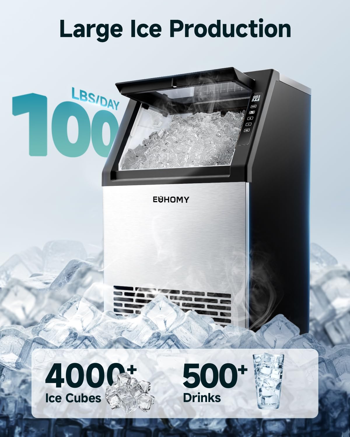 EUHOMY Commercial Ice Maker Machine,100lbs/24H Stainless Steel Under Counter Ice Machine with 33lbs Storage Bin, Freestanding Ice Maker for Home/Bar/Cafe/Restaurant