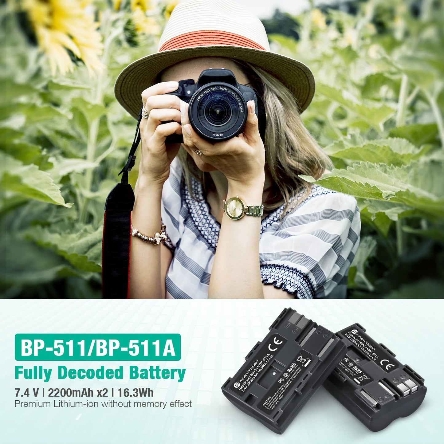 FirstPower BP-511 BP-511a 2-Pack 2200mAh 5D 10D 20D 20Da 30D 40D 50D 300D D30 D60 Battery and Dual USB Charger