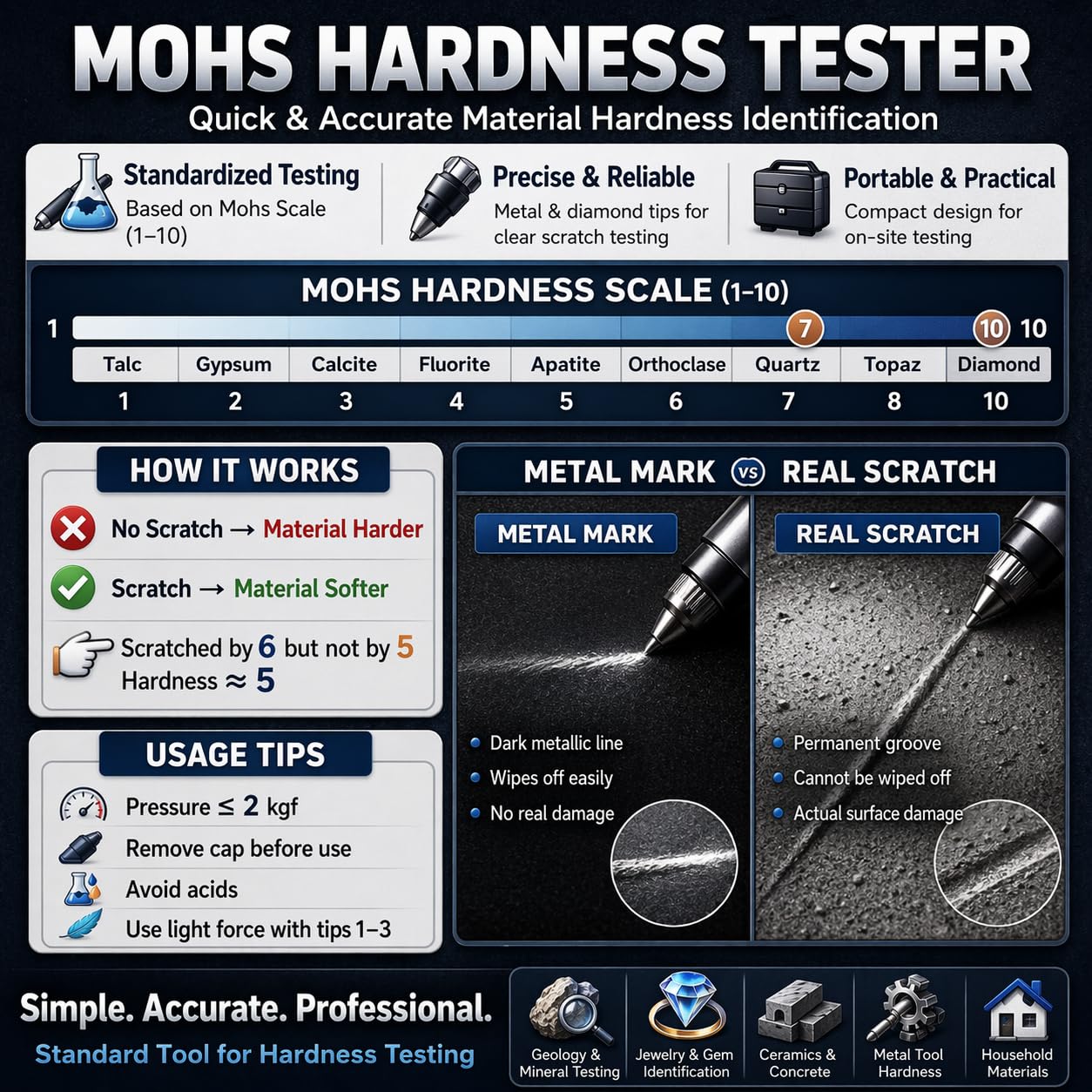 Hardness Test Kit from 1-10 Scratch Tester for Industrial and Gemstone and Mineral, Identification Tool for Jewelry and Rocks