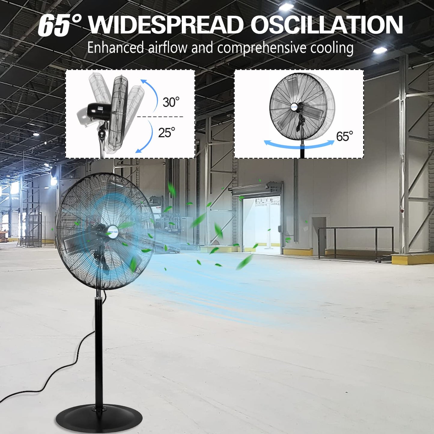 BILT HARD 6450 CFM 24" High Velocity Pedestal Oscillating Fan, 3-Speed Adjustable Height Industrial Floor Fan with Aluminum Blades, Metal Shop Fan for Commercial, and Garage
