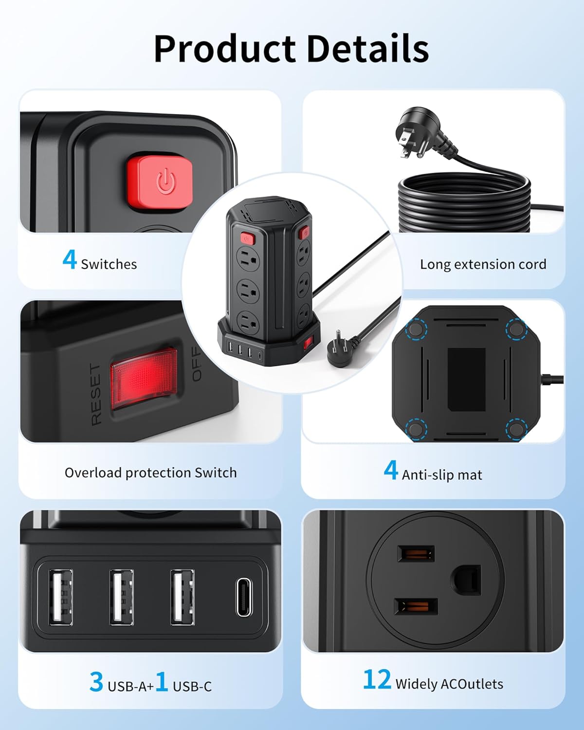 SMALLRT 6.5 12 4 (1 6.5 Power Strip Surge Protector, Ft Extension Cord with AC Multiple Outlets USB USB C), Power Tower