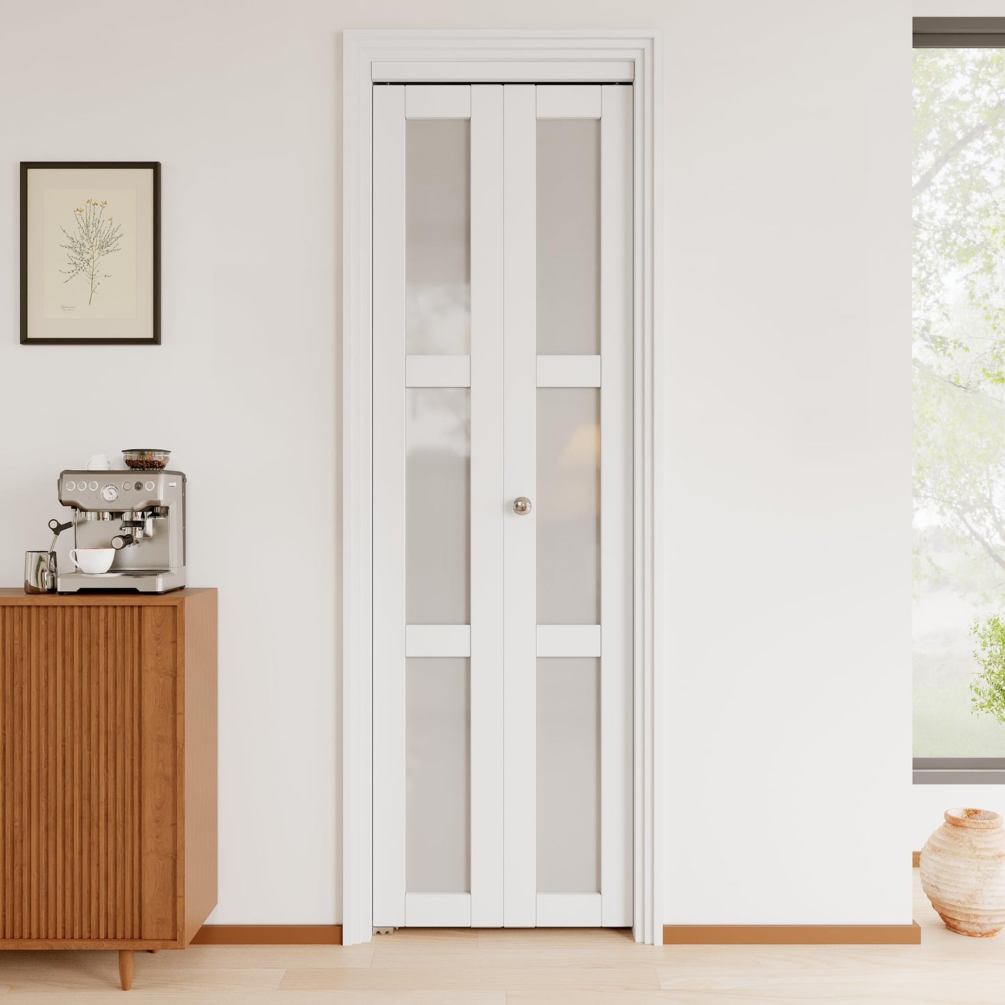 JuJuBon Bifold Doors, 24"x 80" 3-Lite Tempered Frosted Glass Closet Door with Sliding Hardware Kit, Interior Bi Fold Doors for Pantry, Solid Build Quality & Easy Install, White