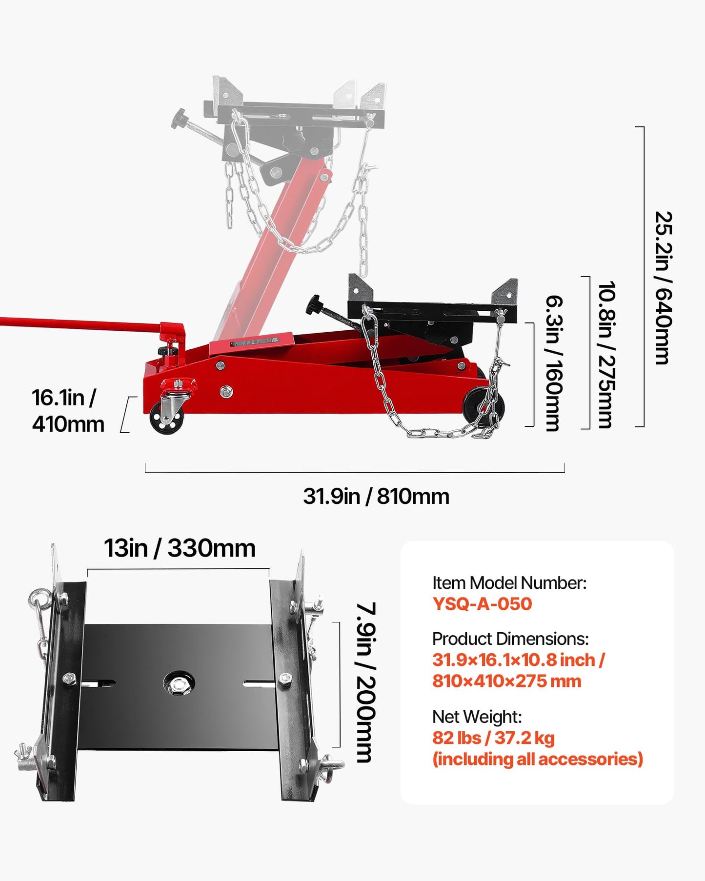 VEVOR Adjustable Floor Transmission Jack 1000 LBS Low Profile Hydraulic Transmission Telescoping Heavy-Duty Lift Jack 6.3-25.2 in Lifting Height, 360° Swivel Front Wheels