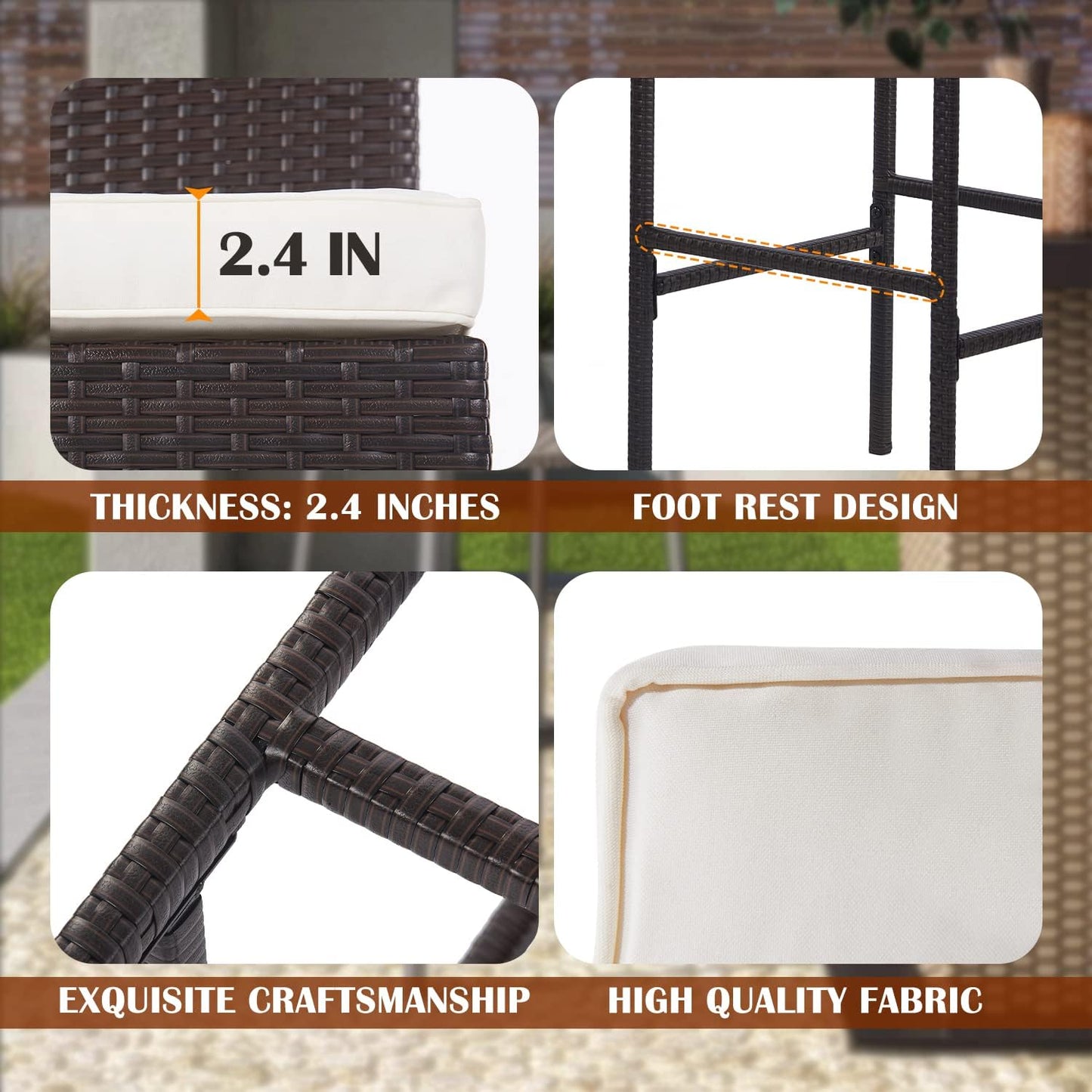 PayLessHere Rattan Bar Stools - Set of 2 Wicker Counter Height Chairs with Backrest & Cushion, Brown