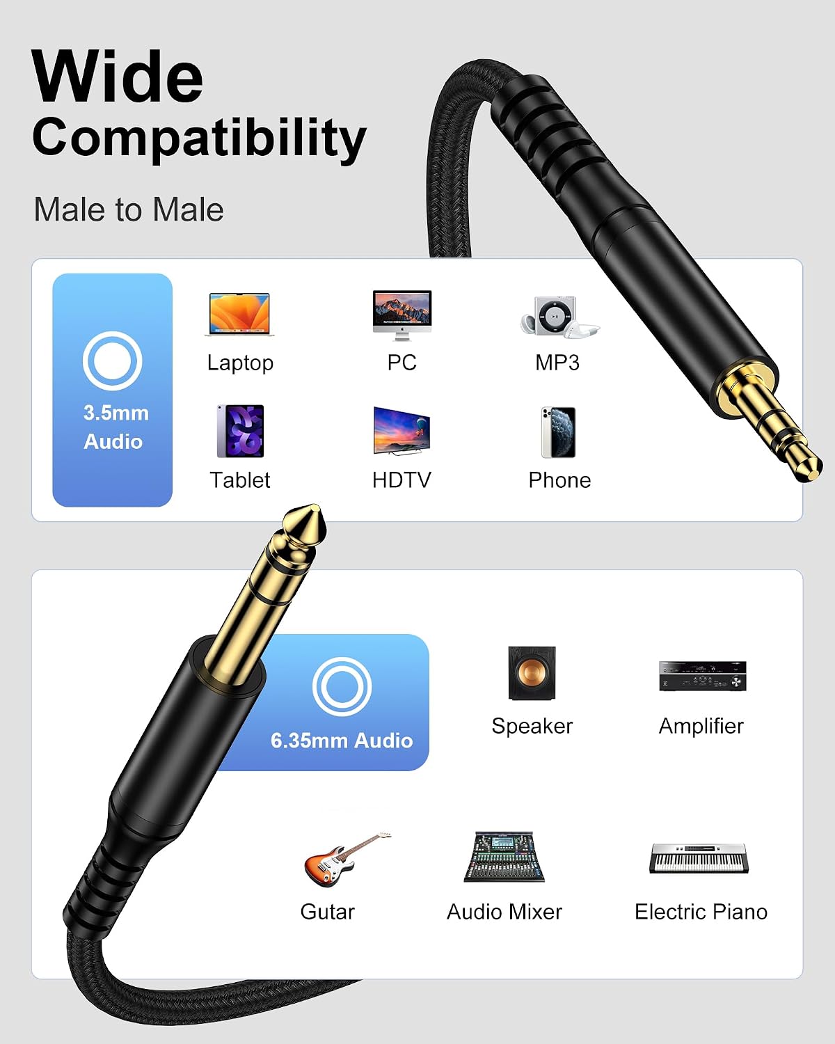 3.5mm 6.35mm 1/4 1/8 6.6ft to Stereo Audio Cable, Braided Male to Male TRS Bidirectional Stereo Aux Cord Audio Jack