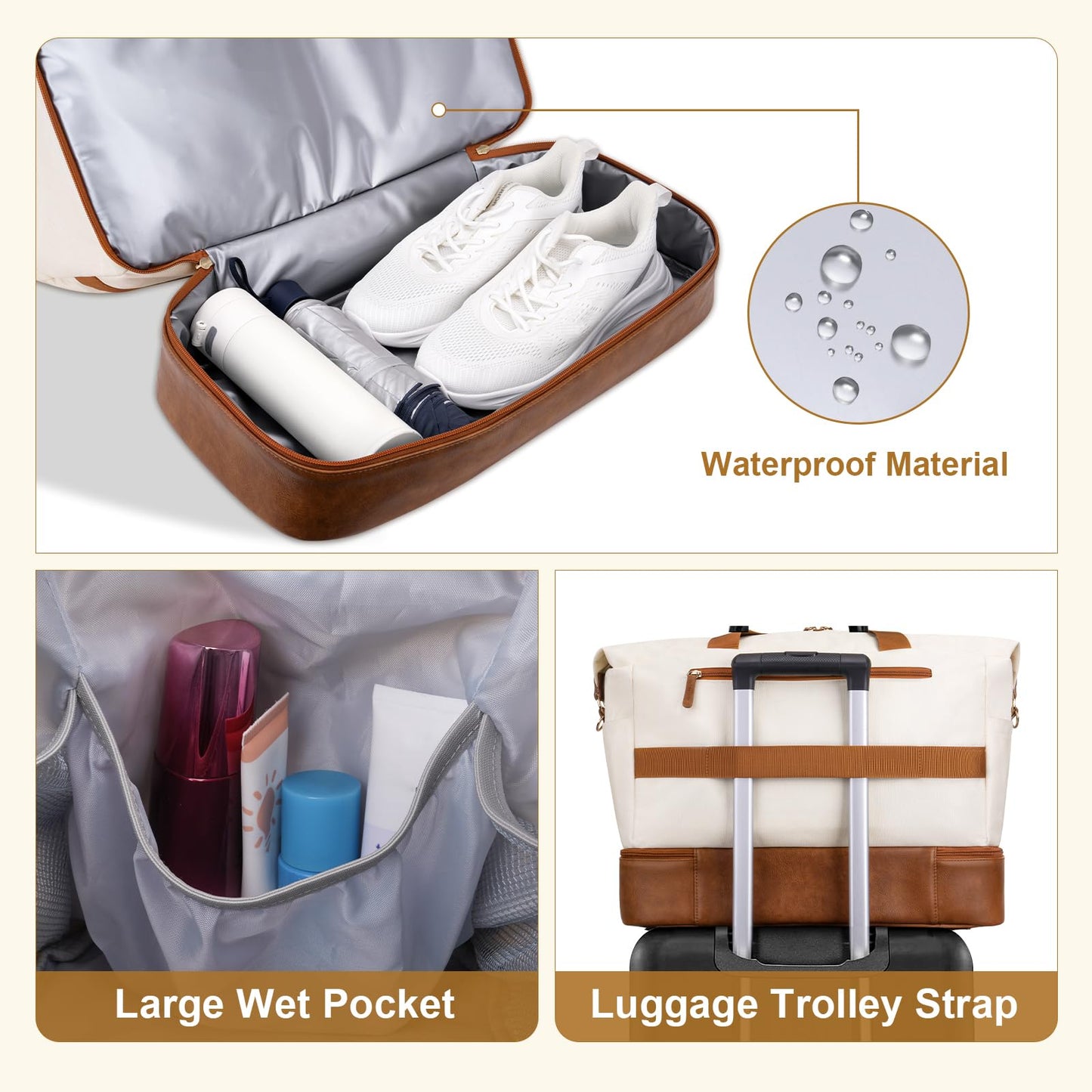 MOSISO Gym Bag for Women, Travel Duffle Weekender Overnight Workout Carry on Gym Duffle Bag with Toiletry Pouch&Shoe Compartment&Wet Pocket&Front Pocket for Fitness, Yoga, Weekend, Beige