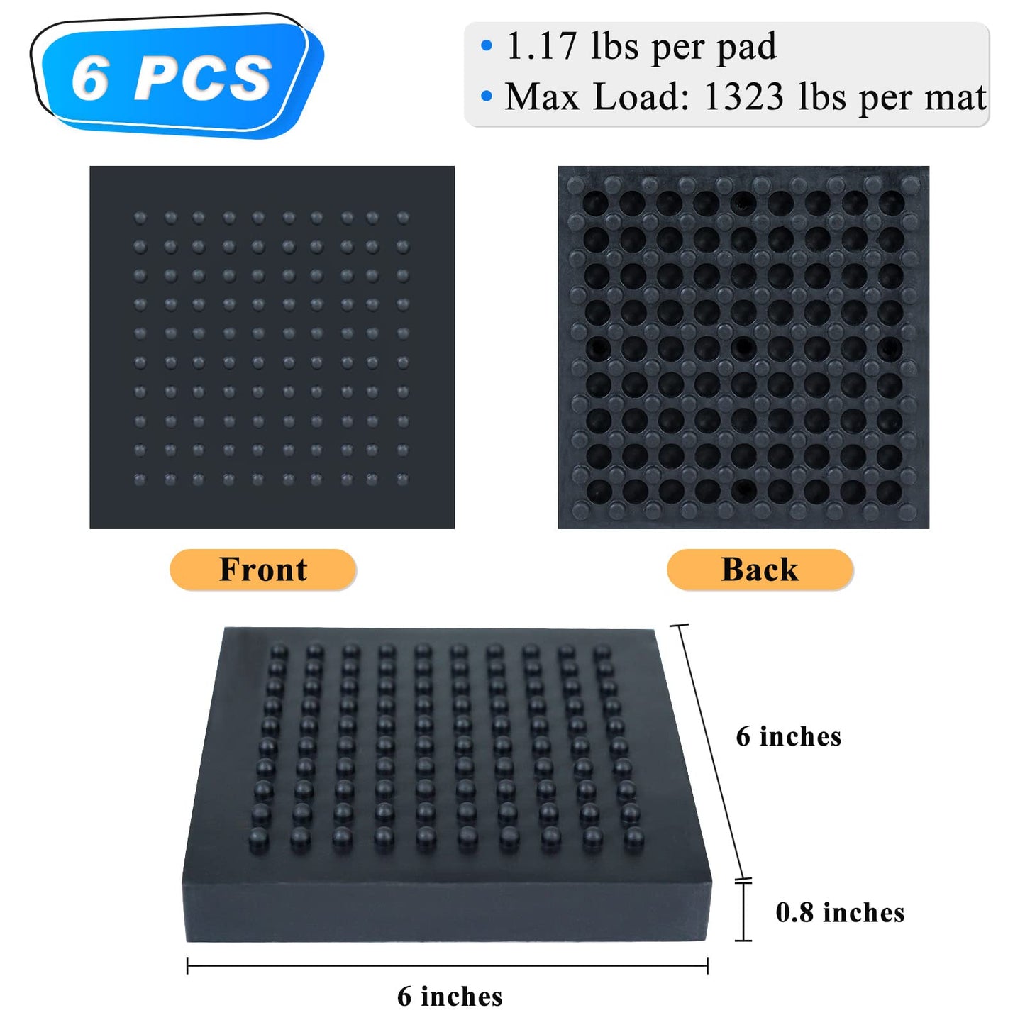 BXI Exercise Equipment Mat Heavy Duty - 6 x 6 x 0.8 Inches 6 Pcs Non Slip Noise Reduction Anti Vibration Treadmill Stationary Bike Mats, Thick Steel Embedded Rubber Pad for Hardwood Floors & Carpet