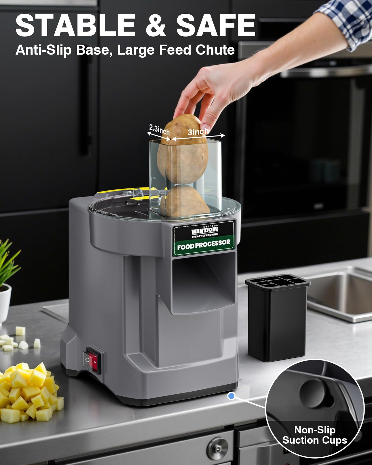 WantJoin 5 in 1 Electric Vegetable Chopper - Multifunctional Commercial Food Processor with Stainless Steel Blades for Slicing(2.5mm), Dicing(8/12mm), Shredding, Chopping(2.5mm)