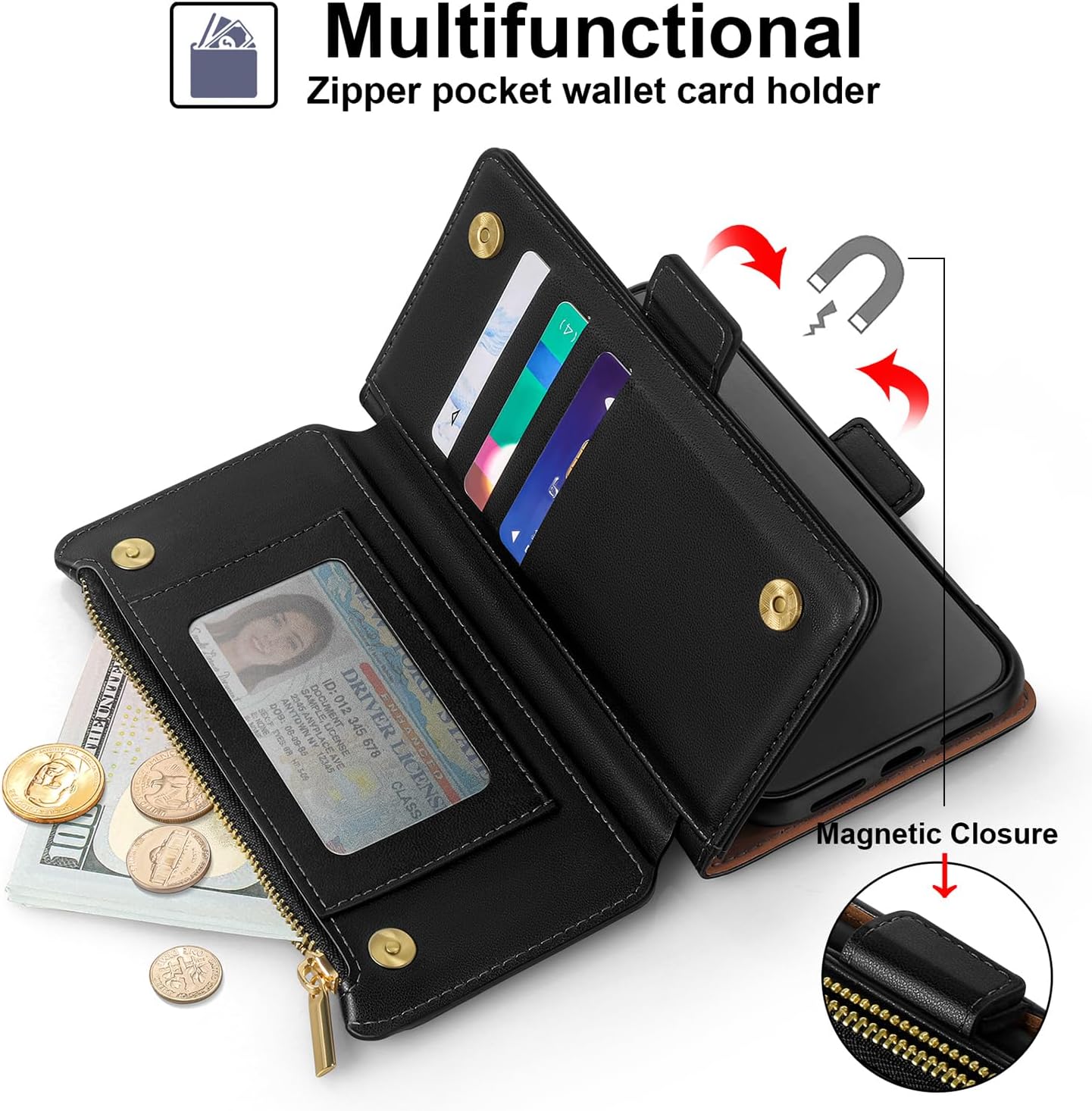 Antsturdy 15 15 6.1",(Black) Compatible with iPhone Wallet Case Card HolderRFID Blocking PU Leather Phone Case Women