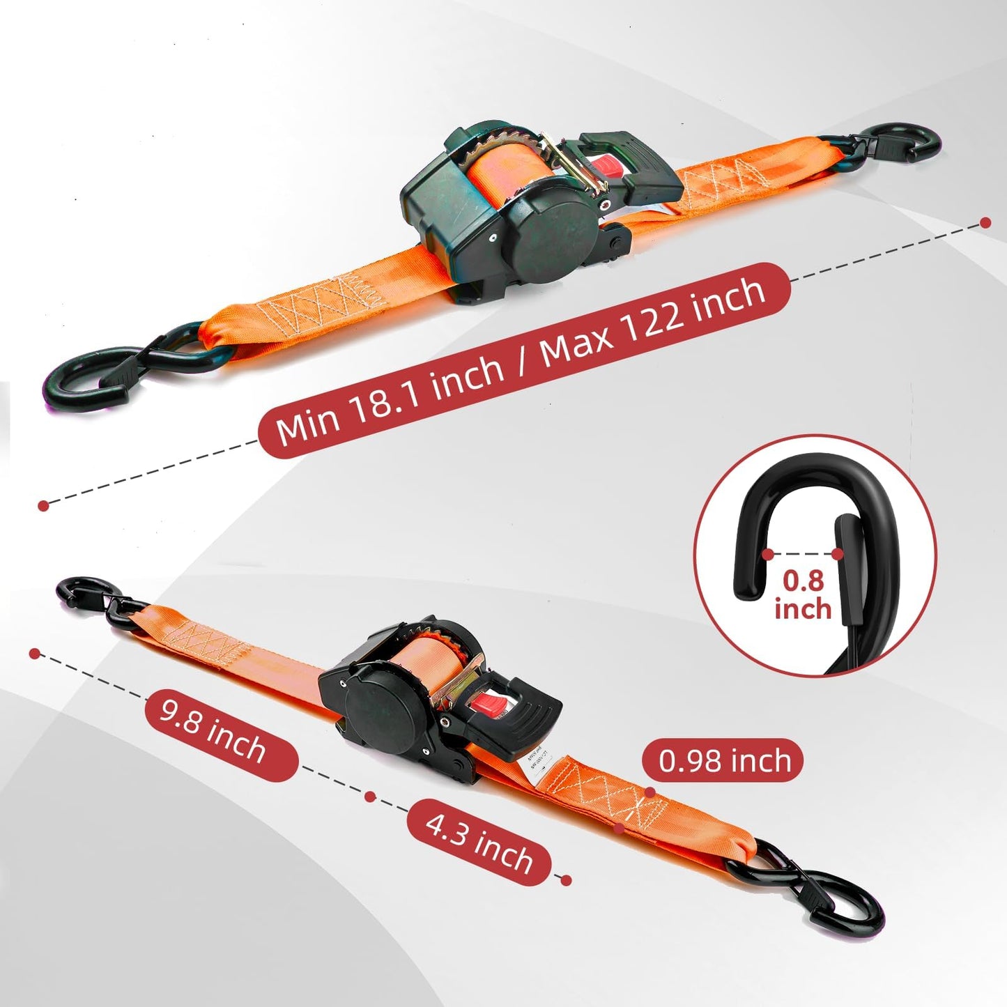Auto Retractable Ratchet Straps 1800 lbs, 1in × 10ft Self-Retracting Tie Down Straps with Zinc S-Hooks, Heavy Duty Cargo Tie Downs for Trucks, Trailers & Roof Racks, 2 Pack, Orange, Damped Rewind