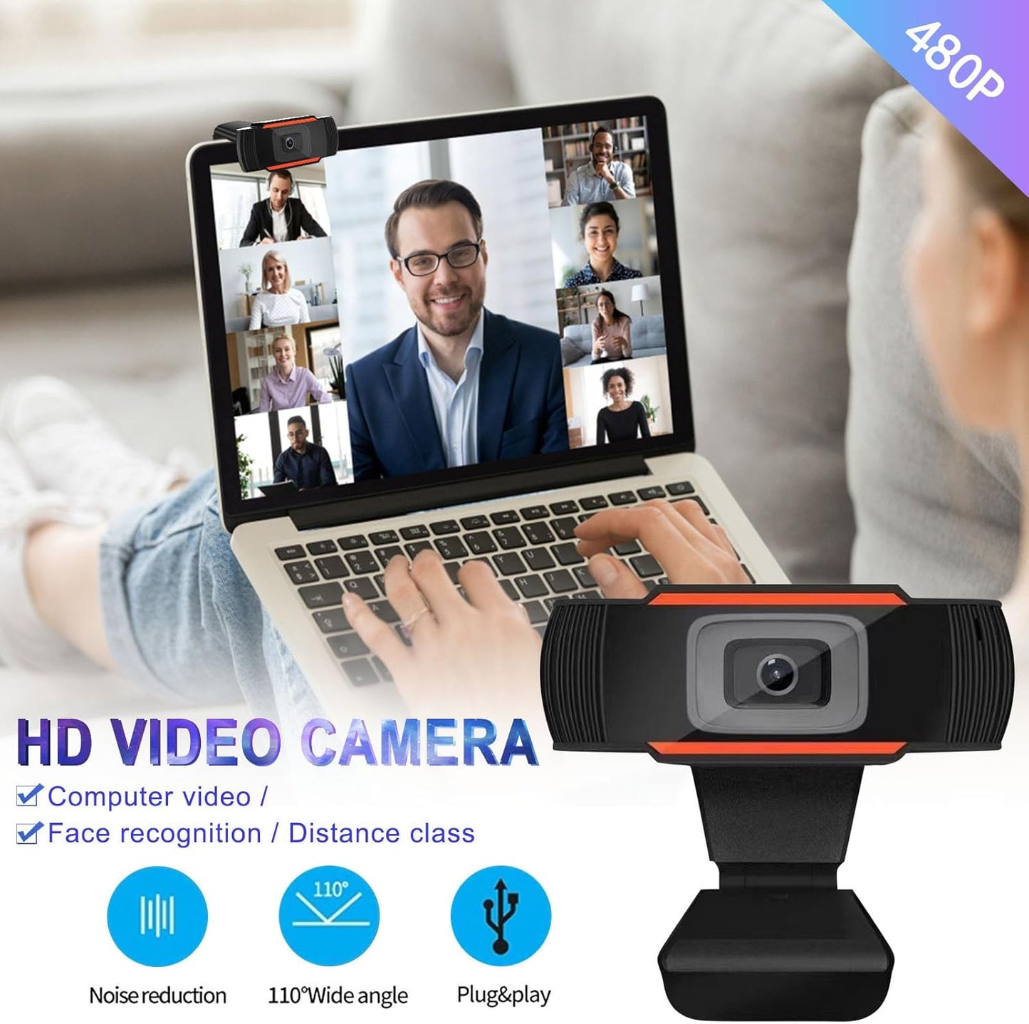 Lovskoo 480P Mic,110 Streaming Camera HD Webcam with Wide Angle, for Video Calling Recording Conferencing, USB Pc