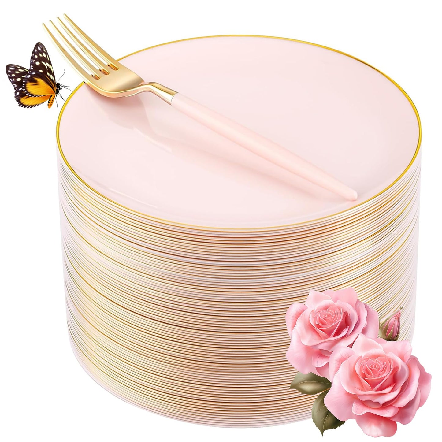 LIYH 96 Pcs Pink Gold Disposable Dessert Plates & Forks Set - 7.5 Inch Salad Cake Appetizer Plastic Plates for Parties, Birthdays, Baby Showers 48 Guests