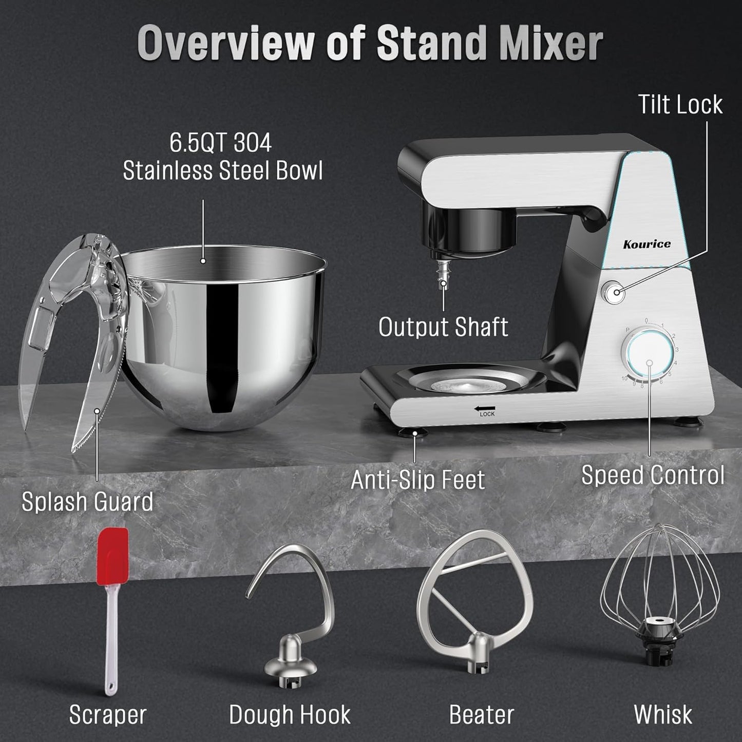 Kourice 6.5QT Tilt-Head Stand Mixer, Heavy Duty Pro 10-Speed Electric Mixer, Stainless Steel Cladding & Bowl with Dough Hook, Wire Whisk and Flat Beater for Home Baking, Bread, Cake, Pizza Dough