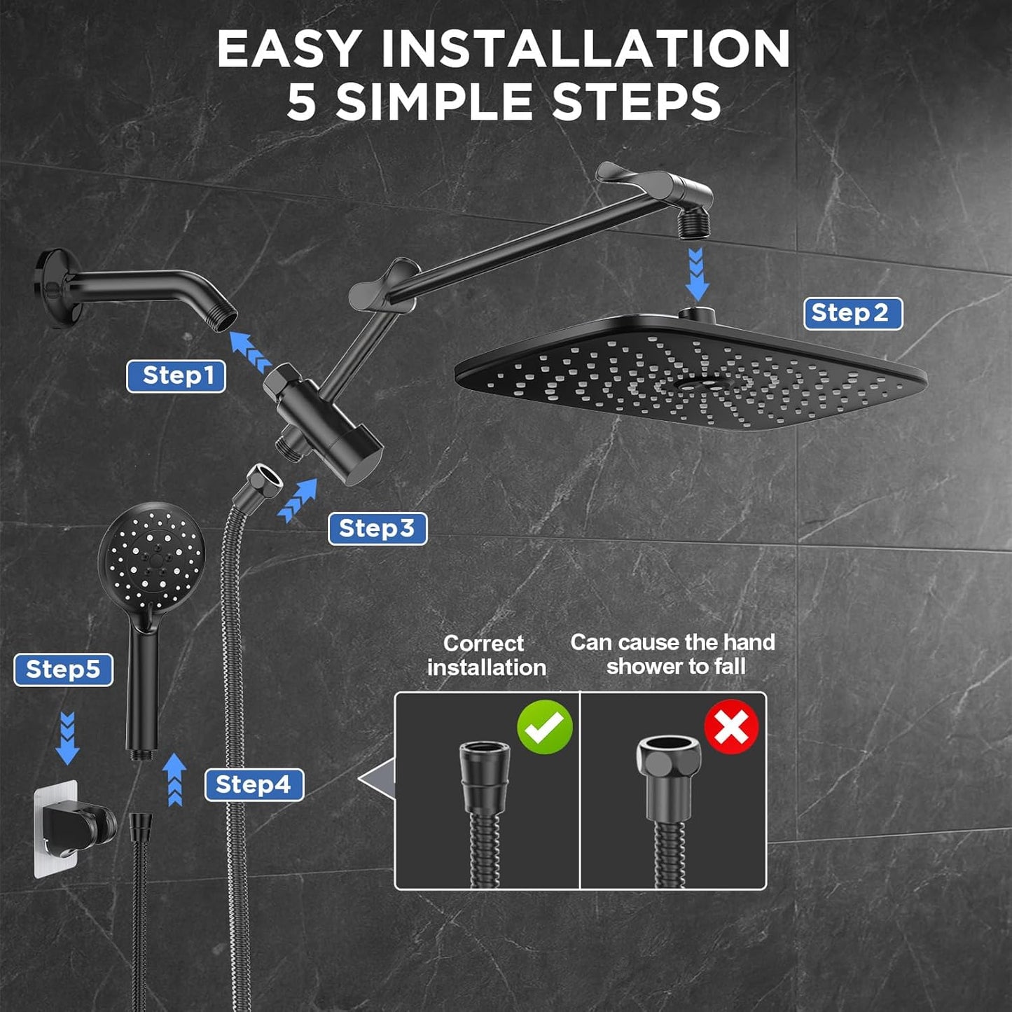 Veken Rain Shower Head - High Pressure Handheld Shower with Multi Spray Modes | 11.8" Matte Black
