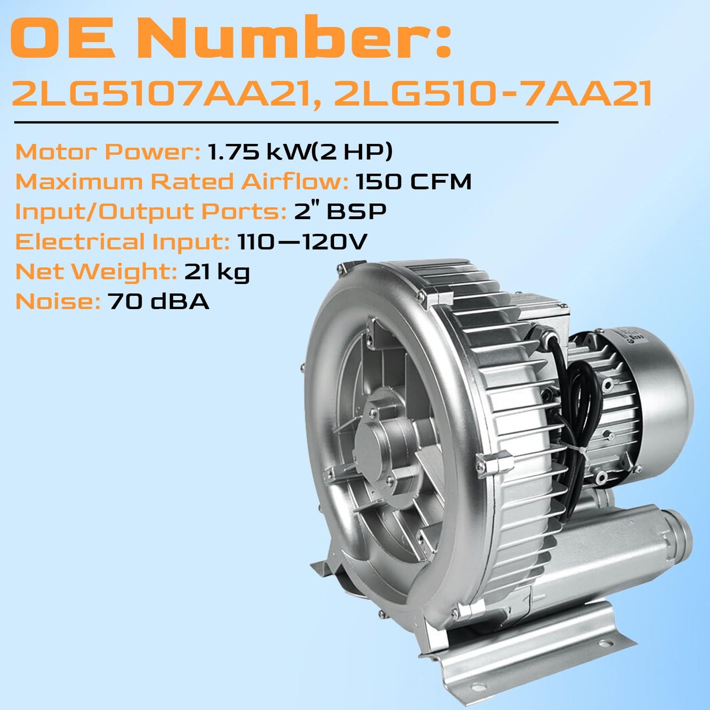 2HP Regenerative Blower 110-120V | 1.75 KW 150 CFM High-Pressure Industrial Vacuum Pump for Air Blowing Sewage Aeration Aquarium Fish Pond, Replace# 2LG510-7AA21 2LG5107AA21