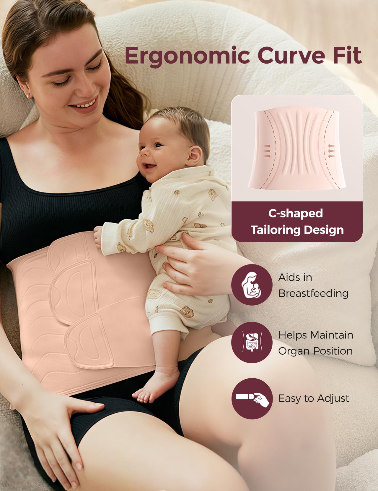Momcozy Ergowrap Postpartum Belly Band for C-Section Recovery and Vaginal Birth, Abdominal Binder with 3D Lifting & Ergonomic Back Support, Seamless Belly Wrap Shapewear for Post Surgery Recovery