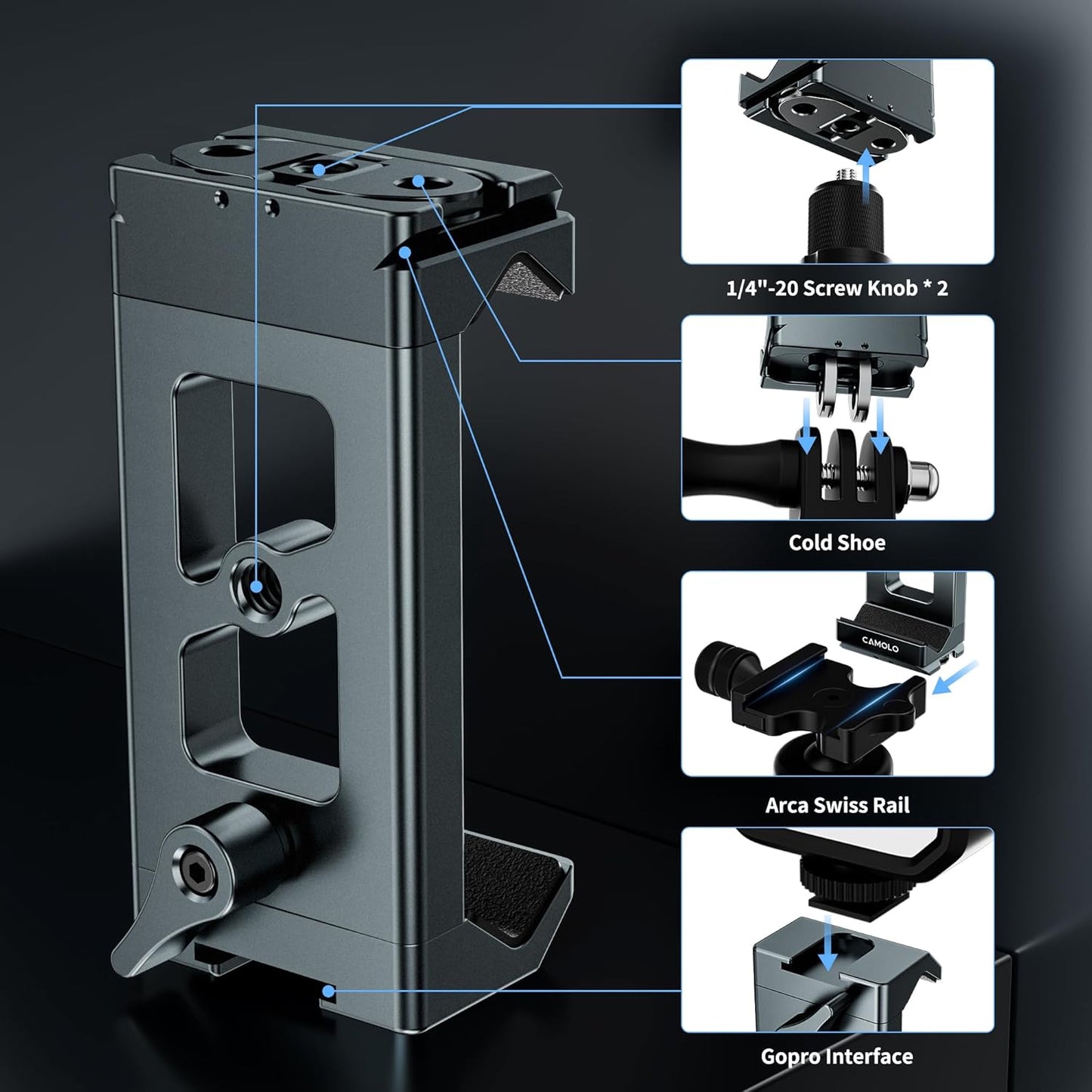 CAMOLO GEEK Metal Phone Tripod Mount Arca Port & Action Camera Adapter, Adjustable Smartphone Tripod Adapter Clamp Cell