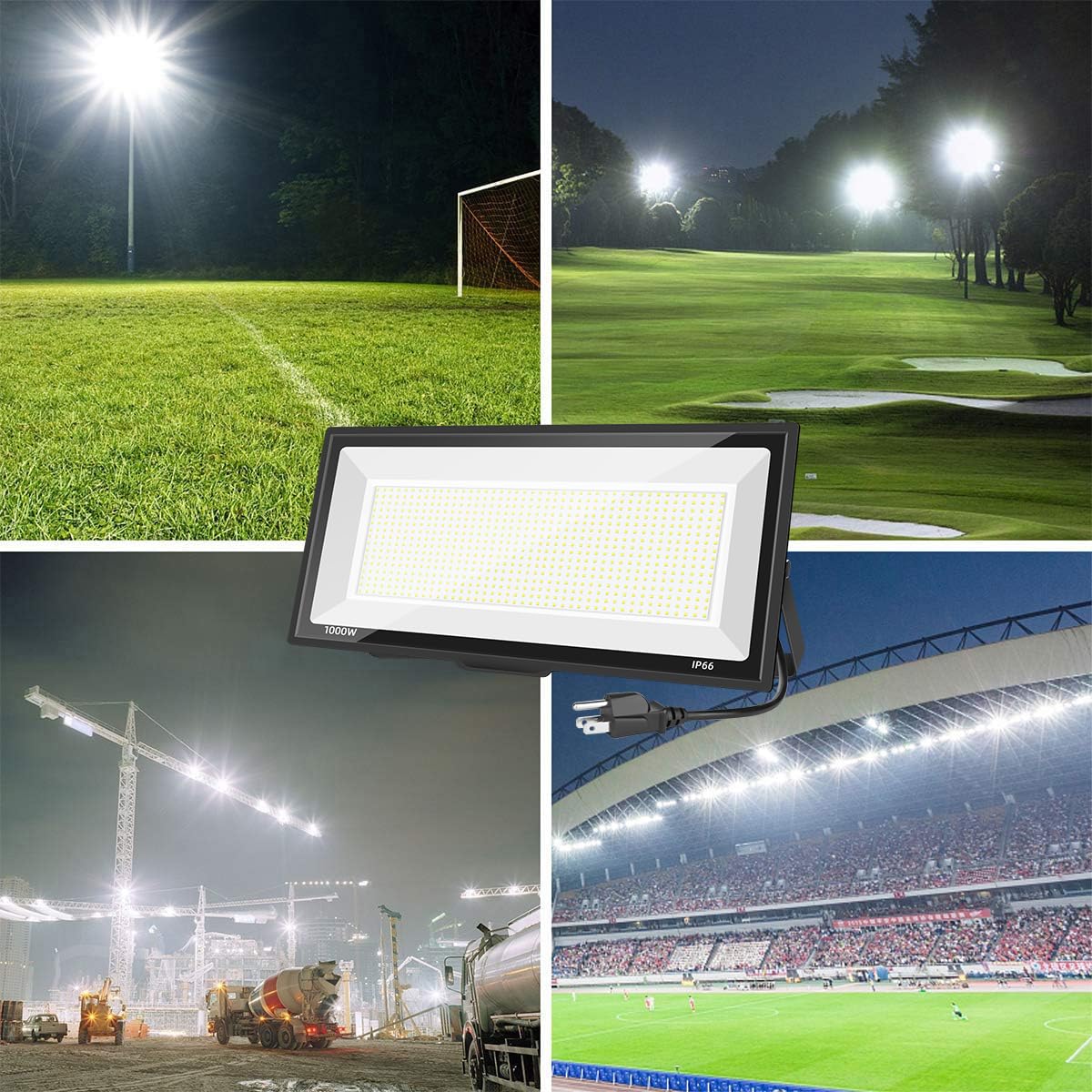 Sunkkes 1000W Flood Lights Outdoor,95000lm Bright LED Work Light with Plug,6500K Daylight White LED Flood Lighting,IP66 Waterproof Security Yard Lights for Court, Parking Lots, Stadium, Field, 2 Pack