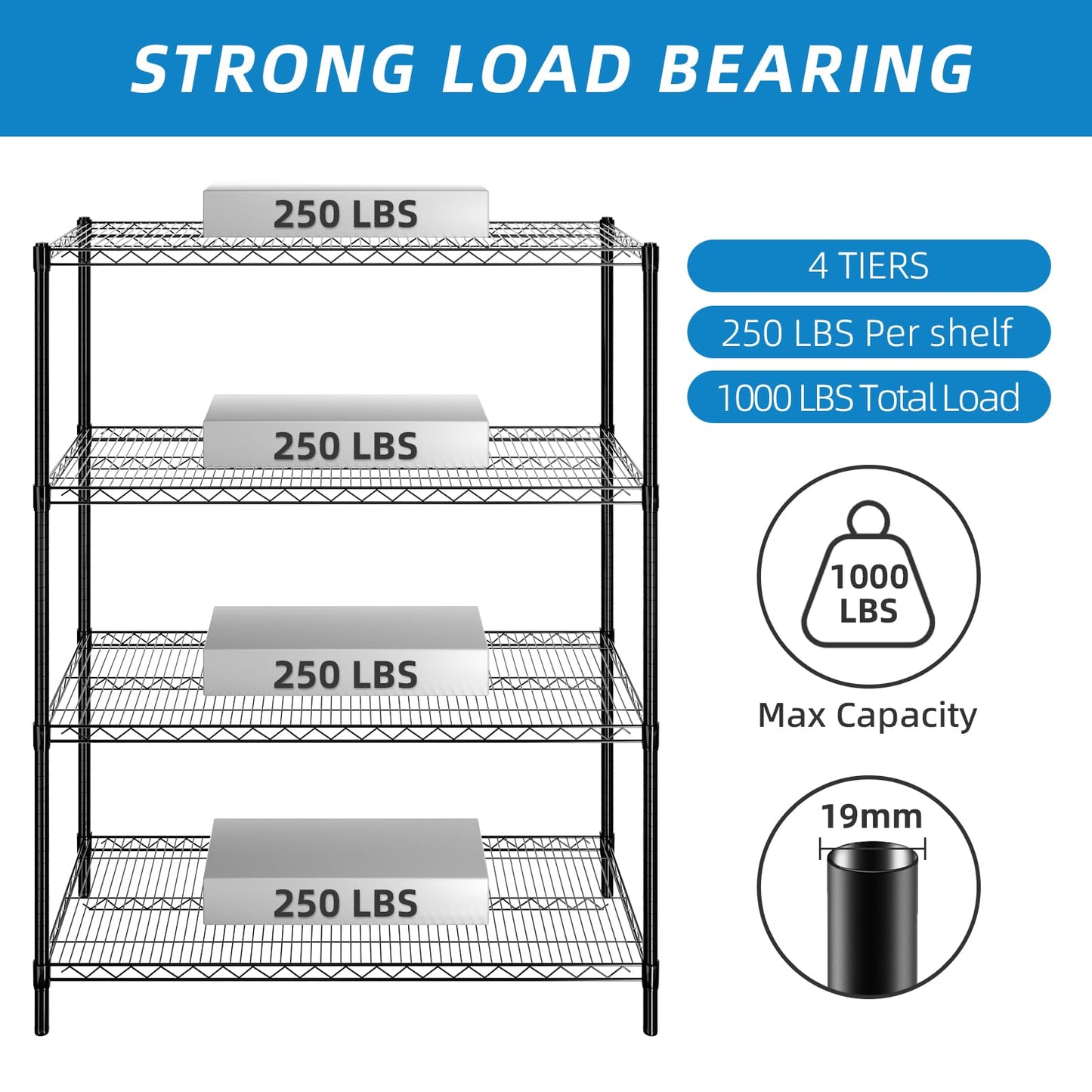 Guan River 4-Shelf Adjustable Metal Shelf Wire Shelving Unit Heavy Duty Storage Rack Display Shelf for Office,Kitchen,Bedroom,Bathroom,Laundry,Pantry Basement,Garage(Black,48" L x 18" W x 62" H)