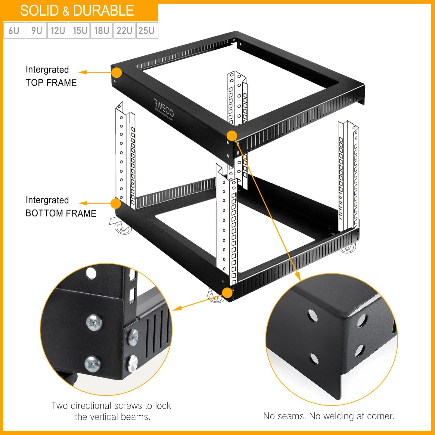 RIVECO 6U Open Frame Server Rack with Wheels- Heavy Duty 4 Post Quick Assembly 19-inch Support 600KG Equipment Home Network Cabinet Black