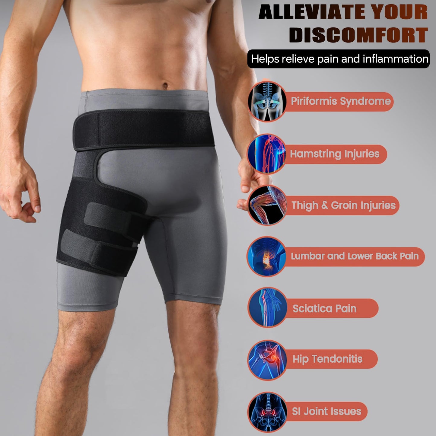 BingboPro Hip Brace for Sciatica Pain Relief, Adjustable Thigh Compression Sleeve for Women Men, Groin Brace Wrap, Hamstring Compression Hip Support For Thigh Injury, Pulled Groin Muscles,Pain Relief