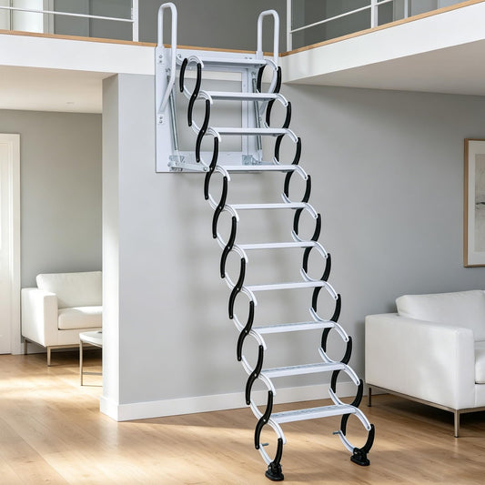 Wall-Mounted Attic Stairs, Attic Ladder Pull Down System, 12 Steps Retractable Loft Ladder, Folding Extension Attic Staircase for Garages Attics Telescoping Ladder, Roof (Black-White, 12 Steps)