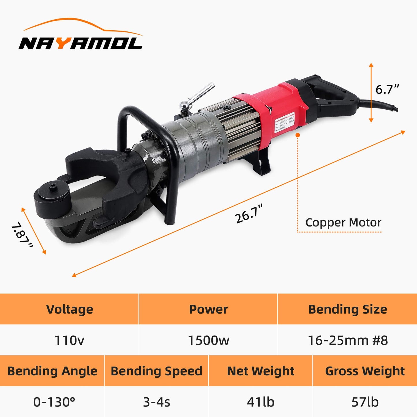 NAYAMOL 1500W Electric Hydraulic Rebar Bender, Fits 16–25mm (#8, Up to 1") Rebar, 0–130° Adjustable Bending Angle, Fast 3–4s Speed, Portable 110V Rebar Bending Machine with Toolbox