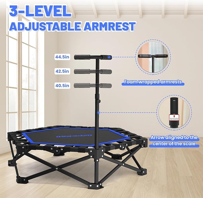 Foldable Mini Trampoline, Rebounder Trampoline with Adjustable Foam Handle, Fitness Trampoline for Indoor, Outdoor, Home Gym, Max Load 460lbs