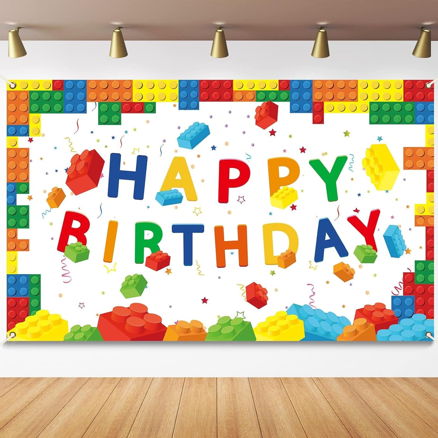 chiazllta 71 43 Building Blocks Happy Birthday Banner Colorful Blocks Birthday Party Decorations Backdrop Photography