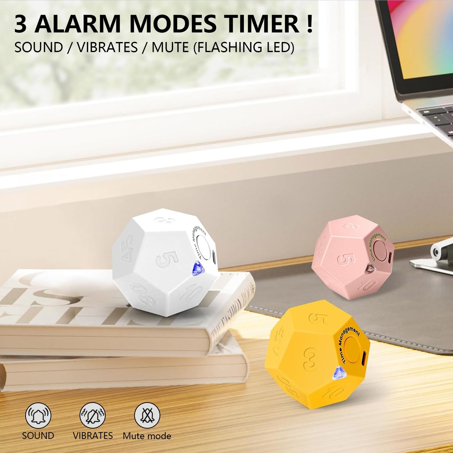 BEBESIRI Mini 12 Sided Cube Timer, 11 Preset Times Pomodoro Timer for Enhanced Productivity. Ideal for ADHD Management, Workout, Study & Kitchen Cooking. Easy to Use（White）
