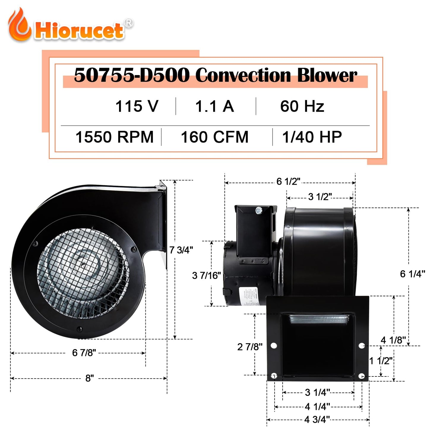 Hiorucet Centrifugal Blower Motor for Fasco 50755-D500, Dayton 1TDP9, Heat Tech 7063-9534, Replacement for Fasco Pellet & Wood Stove Convection Blower Motor Fan with Ball Bearing, Quiet, High Air Flow